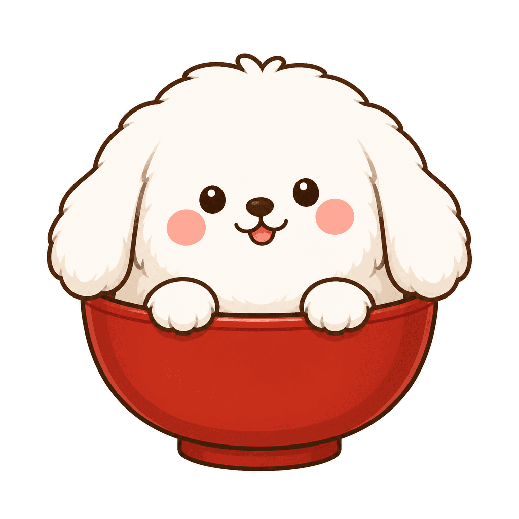 Wanko, a fluffy white dog sitting in a red Japanese bowl