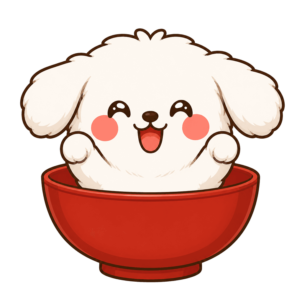 Wanko, a fluffy white dog sitting in a red Japanese bowl